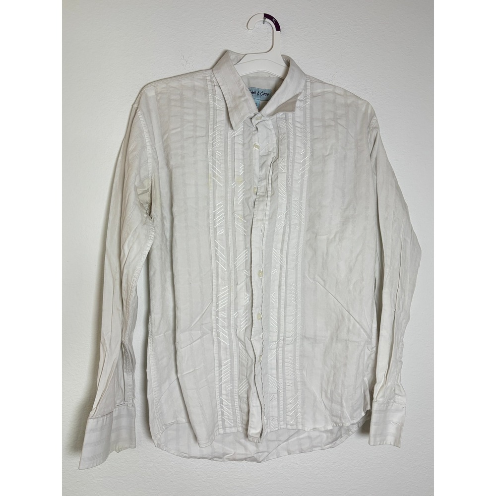 Rebel & Crew Mens Large White Textured Stripe Embroidered Button Down Shirt L/S